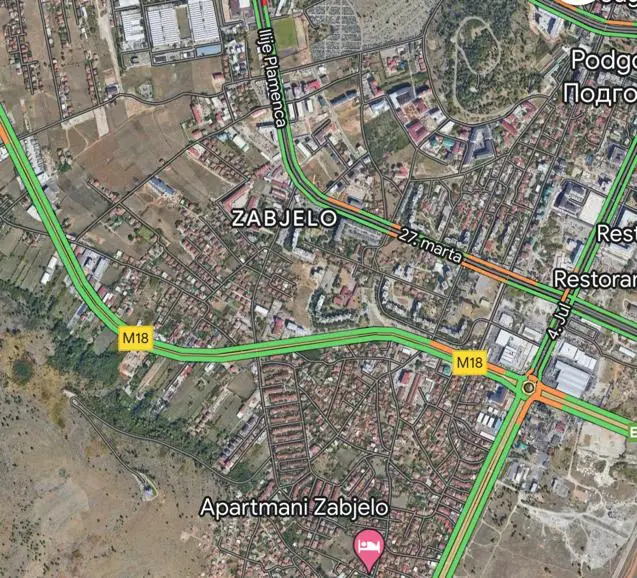 Satellite map of Zabjelo, Podgorica, with M18 and 27. marta labels
