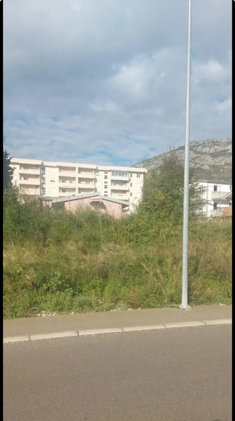 Grassy vacant lot beside road with apartment buildings and streetlight pole