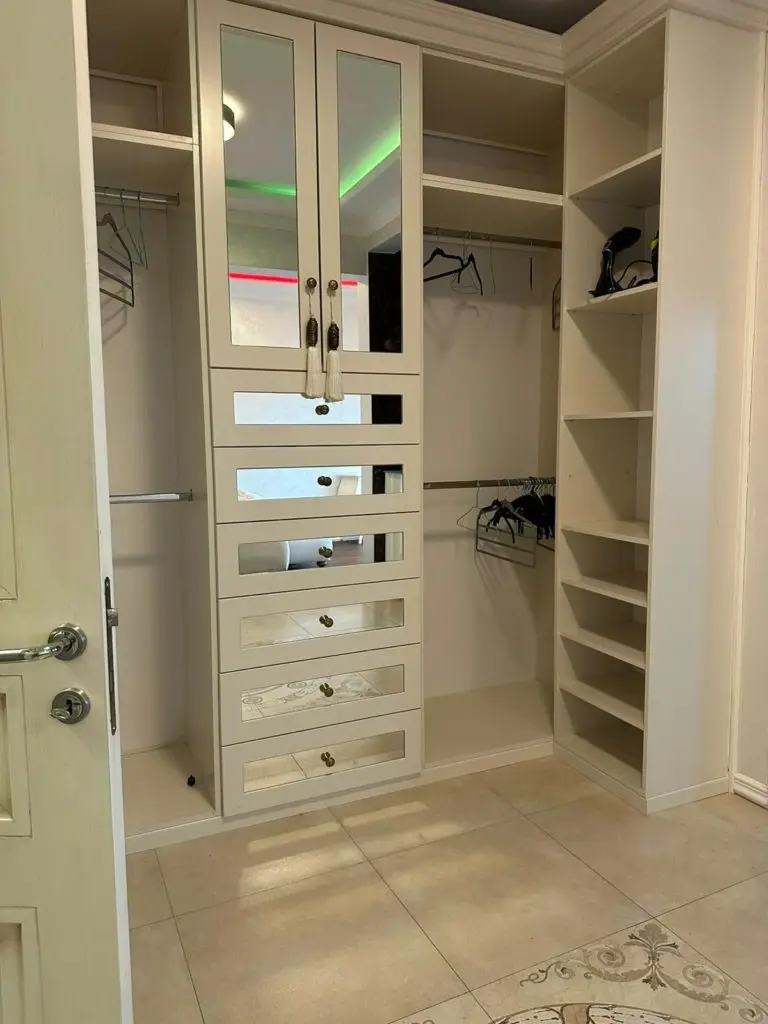 Built-in walk-in closet with mirrored drawers and shelves