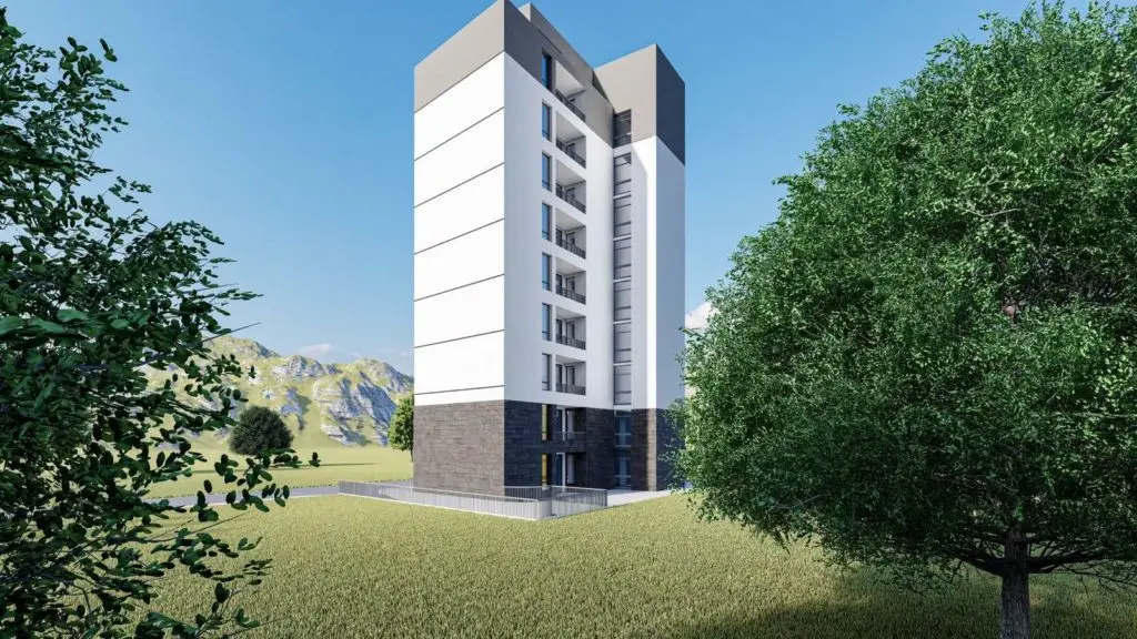 Rendering of a modern apartment building surrounded by trees and mountains