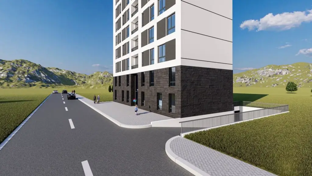 Rendering of a modern apartment building beside a road