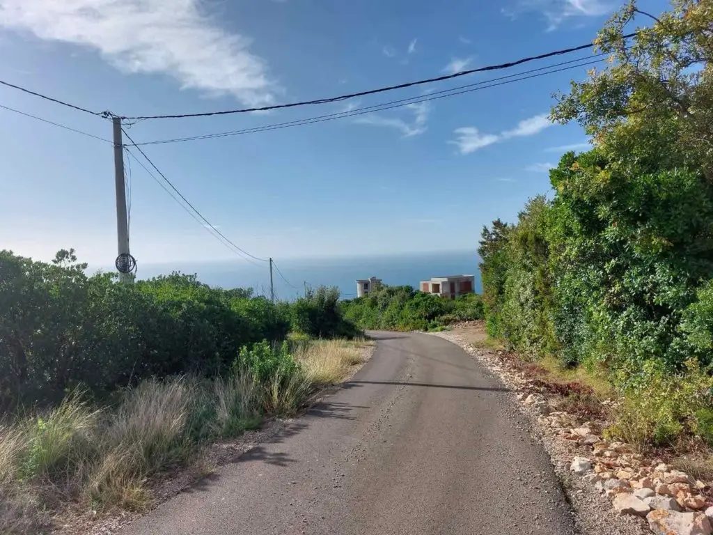 Curving paved road toward the sea, with houses and power lines