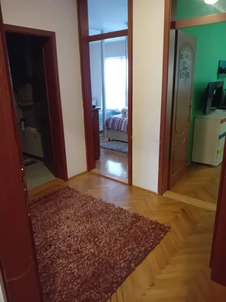 Hallway with red rug, open doors, and bedroom beyond