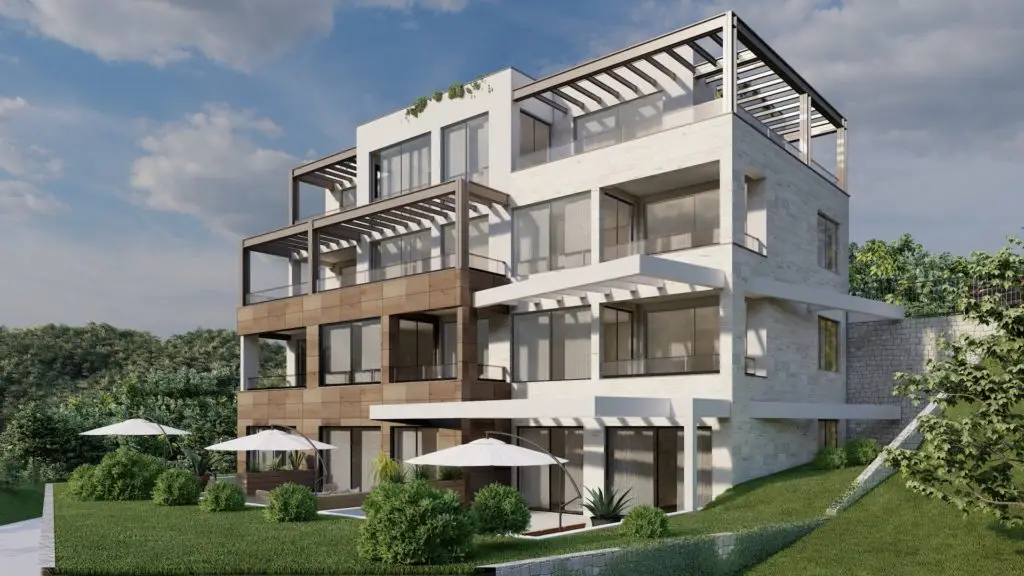 Modern multi-story apartment building with terraces and lawn