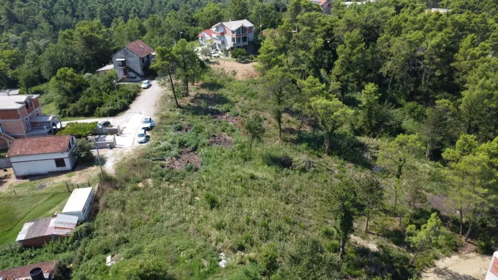 Aerial view of overgrown hillside lot beside homes