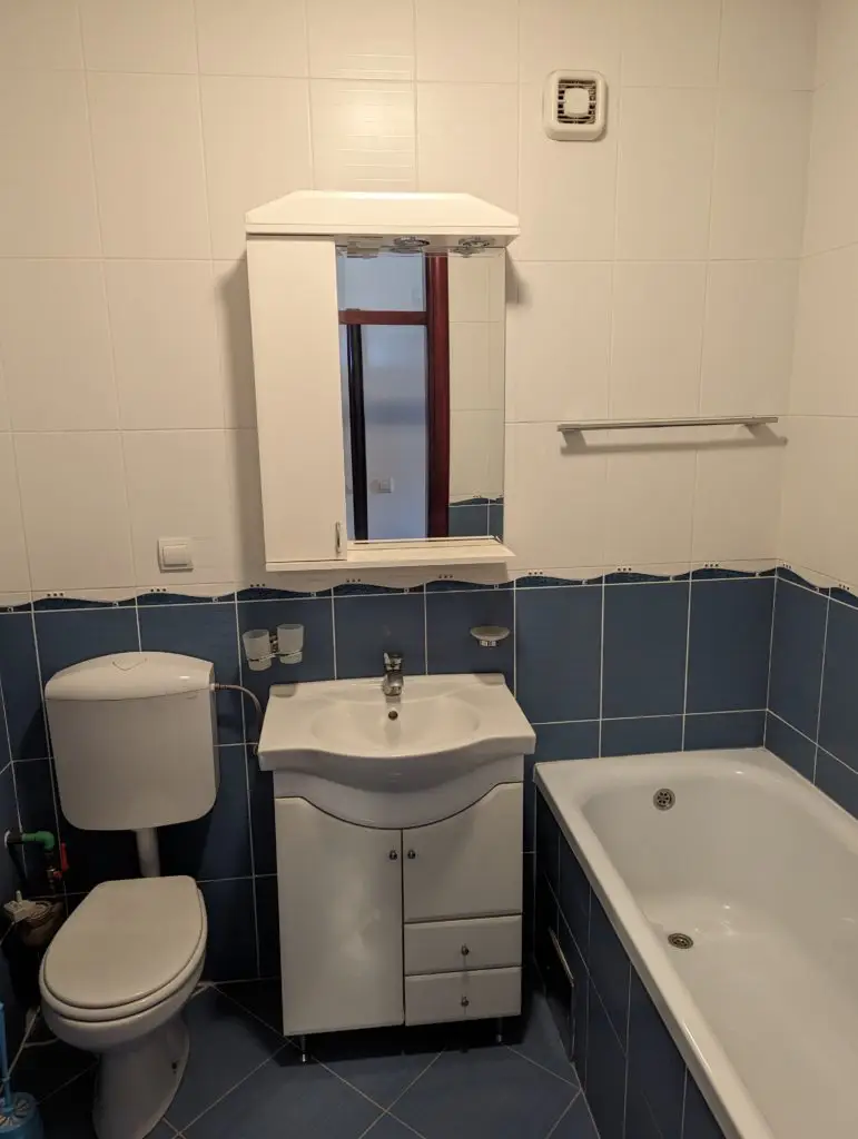 Bathroom with toilet, sink cabinet, mirror, and bathtub