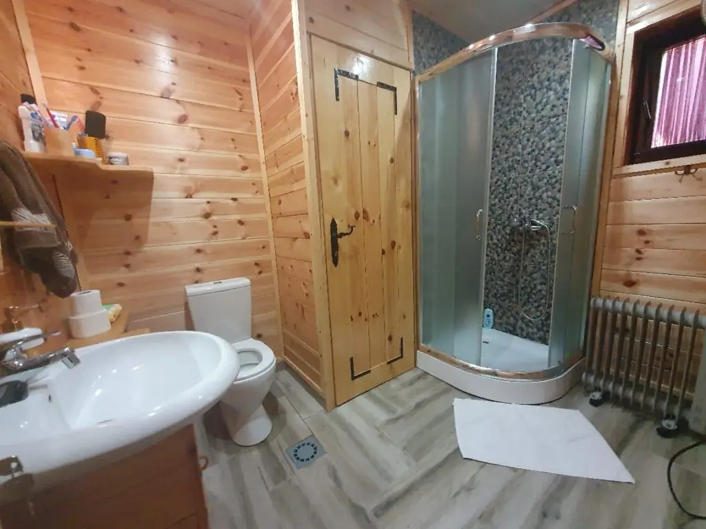 Wood-paneled bathroom with sink, toilet, shower, and radiator