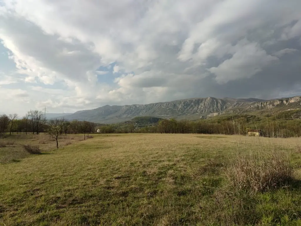 Grassy field with mountains and cloudy sky