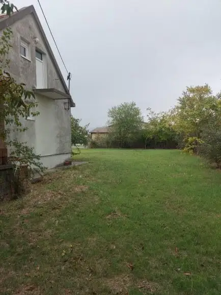Grassy yard beside a white house, with trees and overcast sky