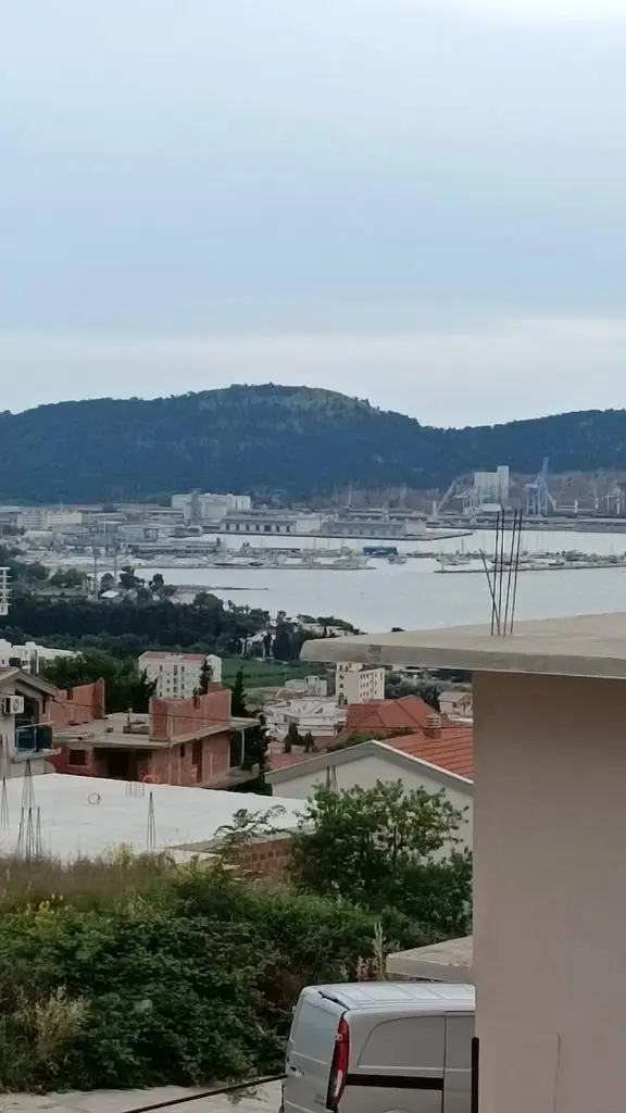 Hillside view of a bay, port cranes, and houses