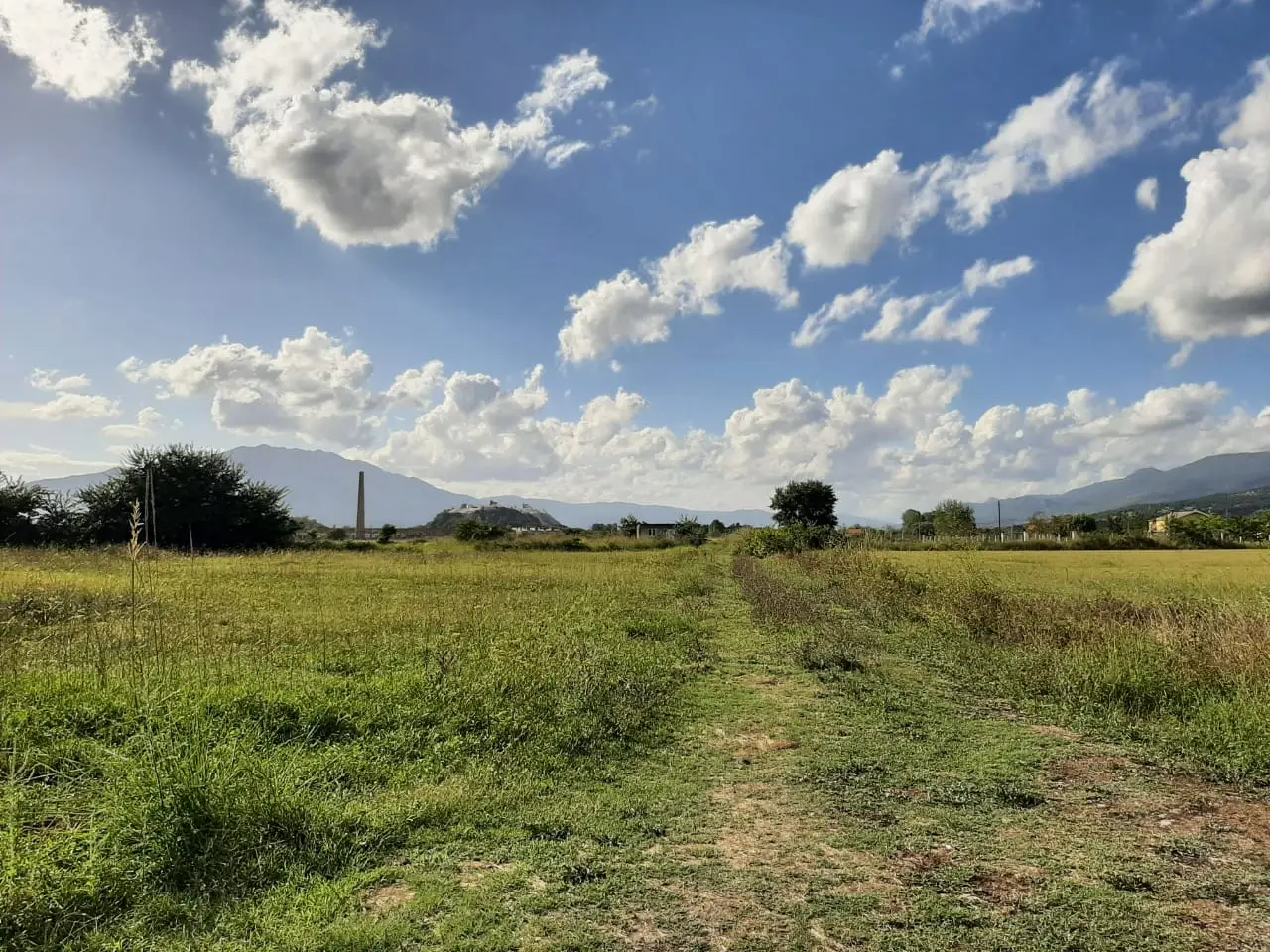 Grassy field with dirt path, mountains, and cloudy blue sky