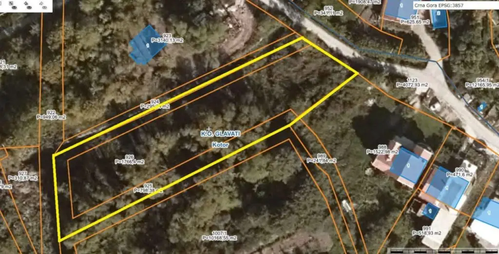 Satellite map with yellow outlined land parcel in K.O. Glavati