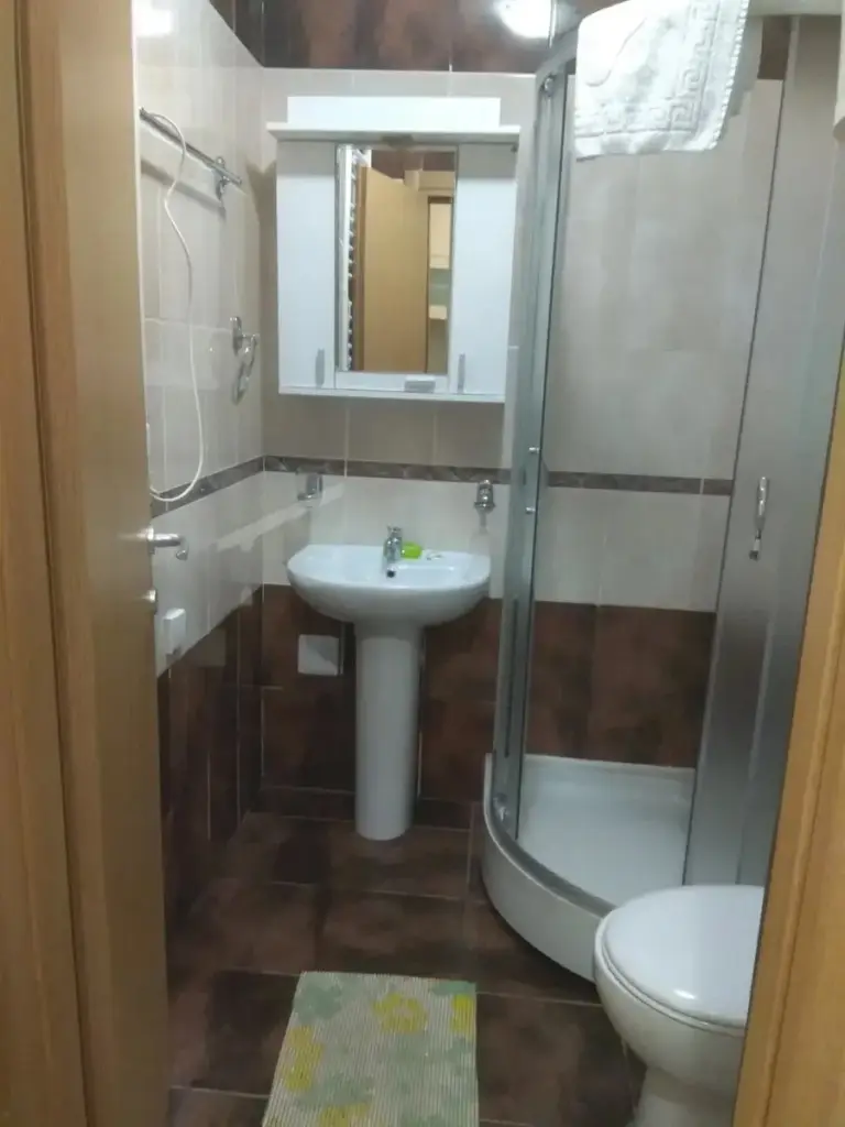 Small bathroom with sink, shower, and toilet