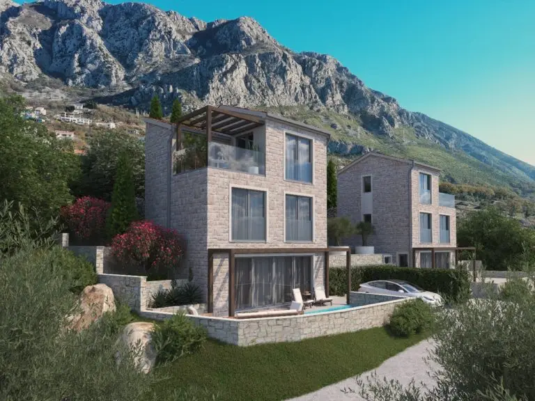 Two modern stone villas with pool in a mountain setting