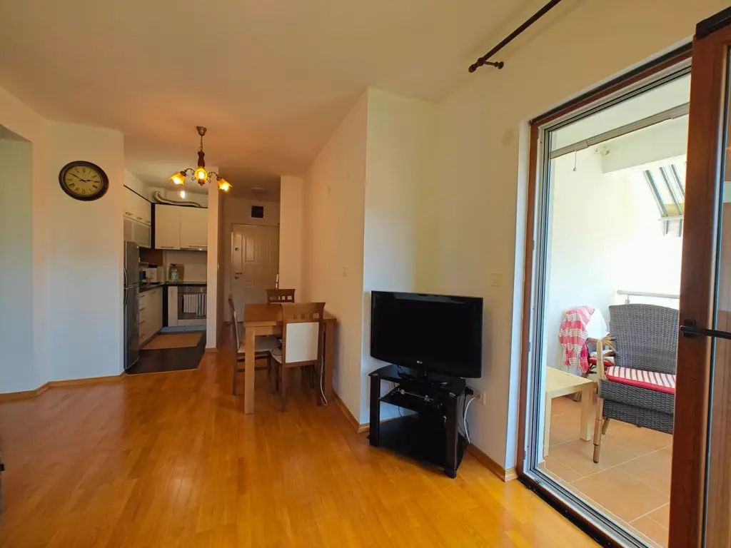 Living-dining room with kitchen, TV, and balcony doorway