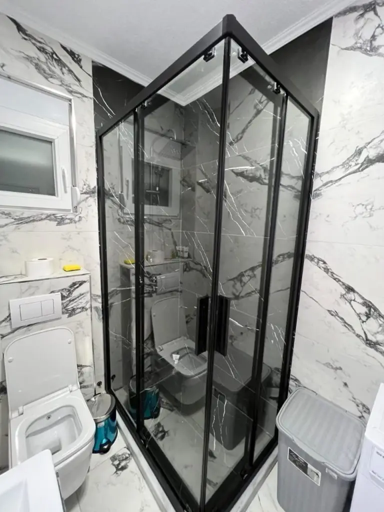 Modern bathroom with black-framed glass shower enclosure and toilet