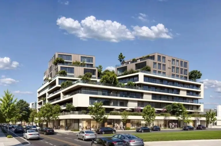 Modern terraced apartment building with trees and parked cars