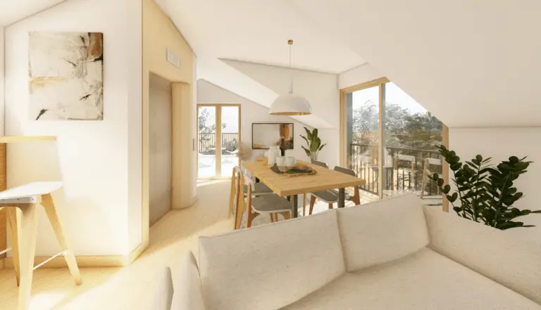 Bright modern dining area with sofa and balcony doors