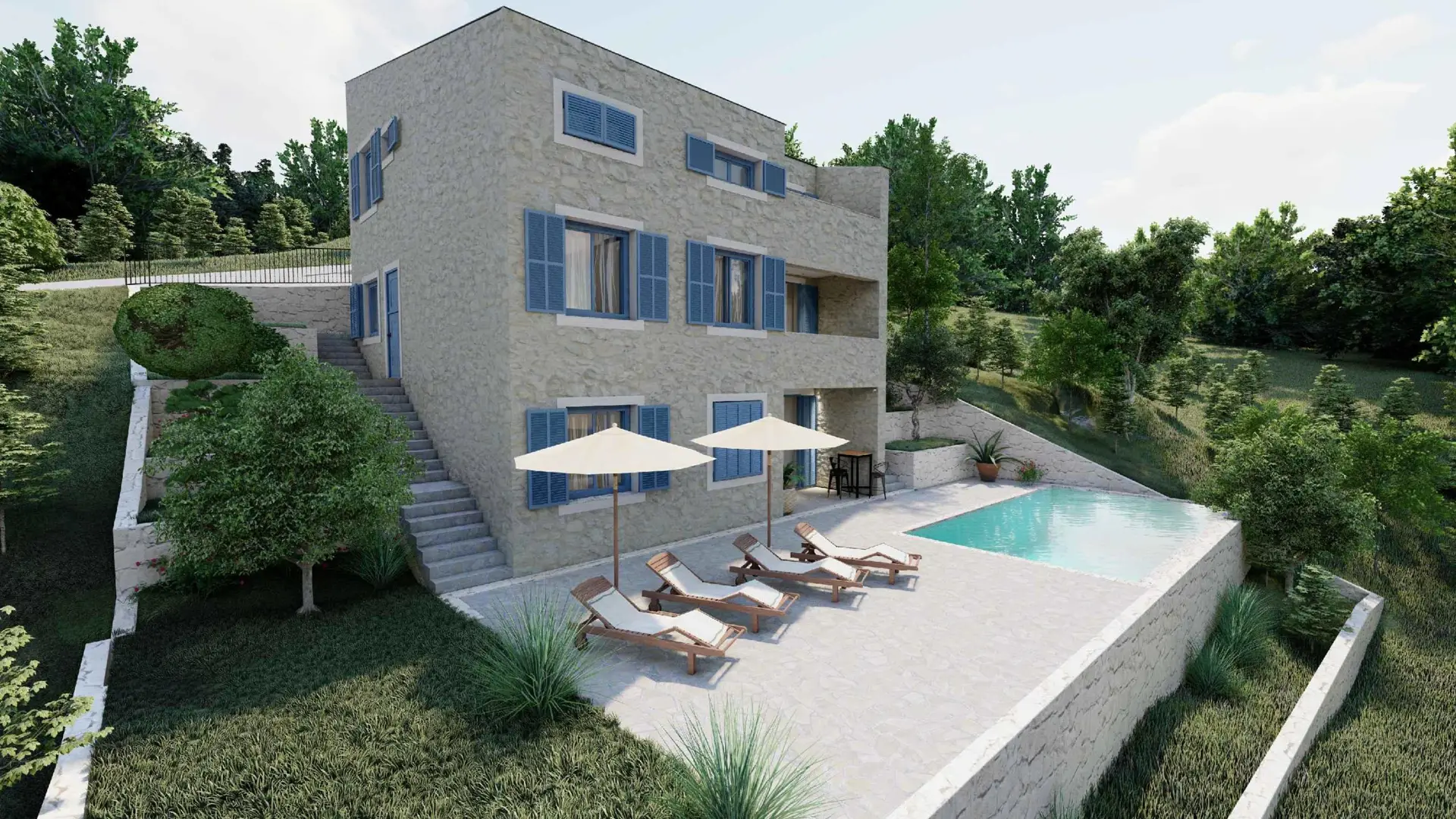 Stone house with blue shutters, pool, and loungers