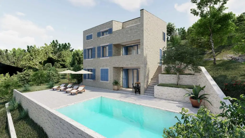 Modern three-story house with pool, lounge chairs, and trees