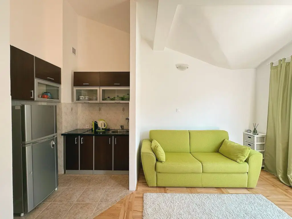 Open-plan apartment with kitchen and lime green sofa