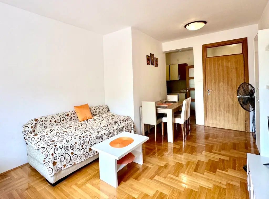 Small apartment living room with sofa, table, and dining set