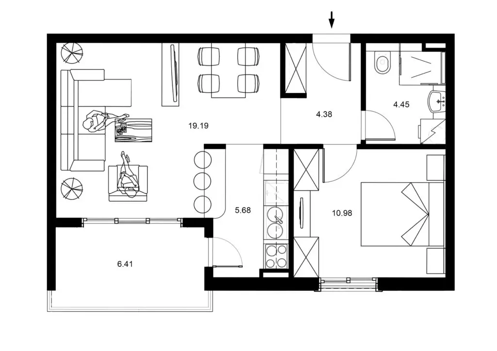 Apartment floor plan with living room, bedroom, bathroom, and balcony