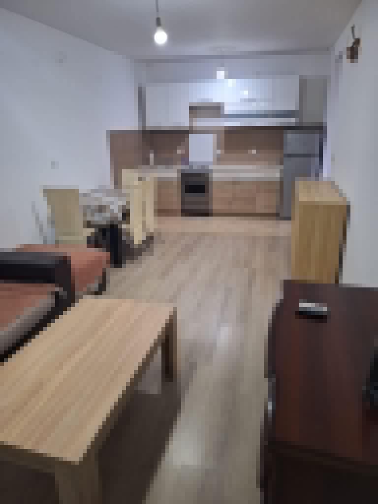 Compact furnished studio with kitchen, dining table, sofa, and coffee table