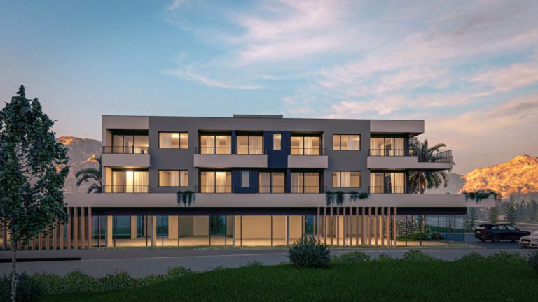Modern three-story commercial building rendering at dusk