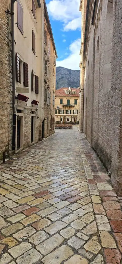 Narrow cobblestone alley between stone buildings leading to a square
