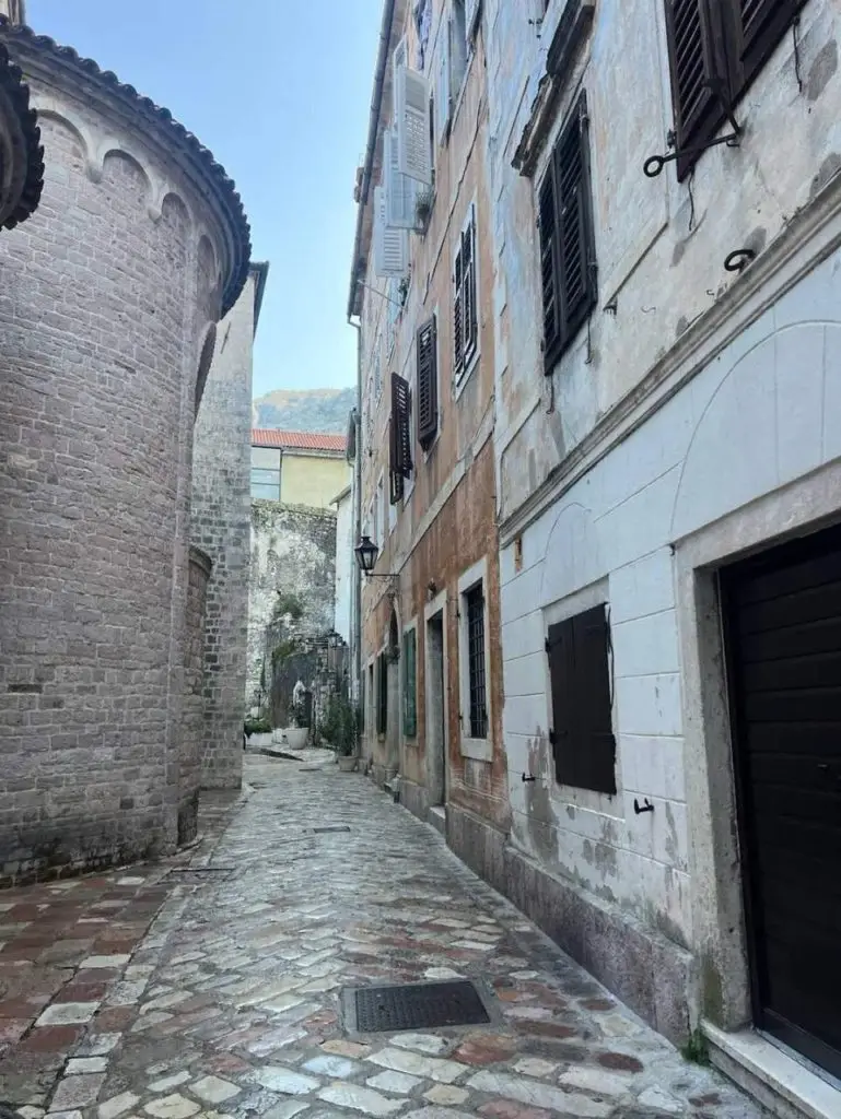 Narrow cobblestone alley between old stone buildings and shutters