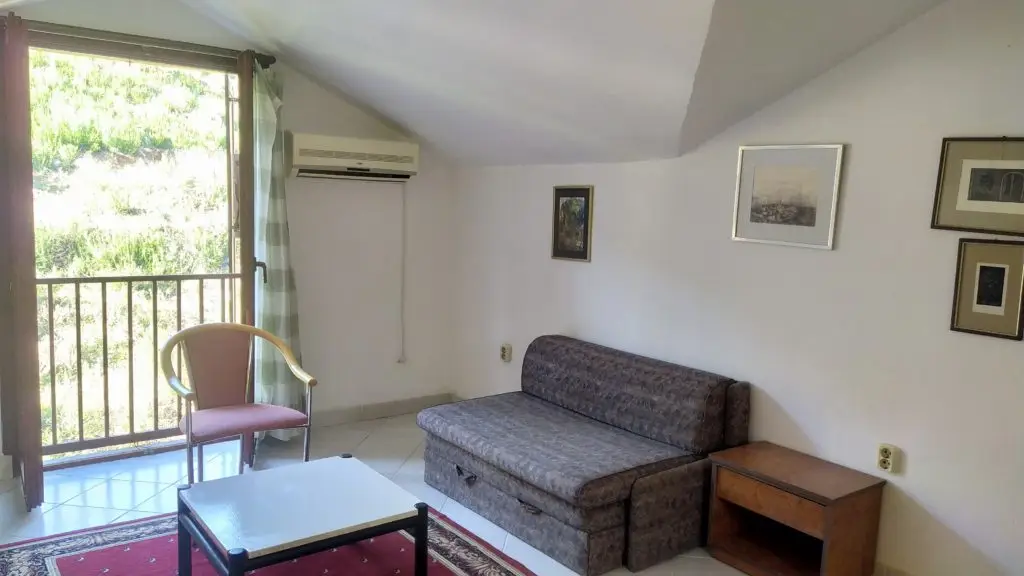 Small living room with sofa bed, coffee table, balcony chair