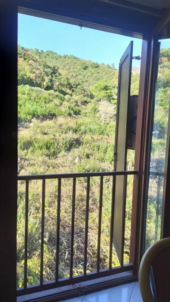 Open window with balcony railing overlooking green hillside
