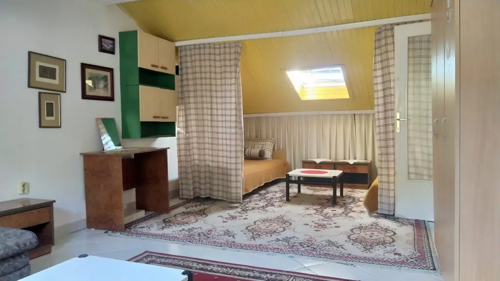 Small attic apartment room with bed, desk, rug, and skylight
