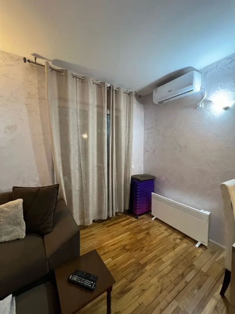 Living room corner with sofa, curtains, air conditioner, and heater