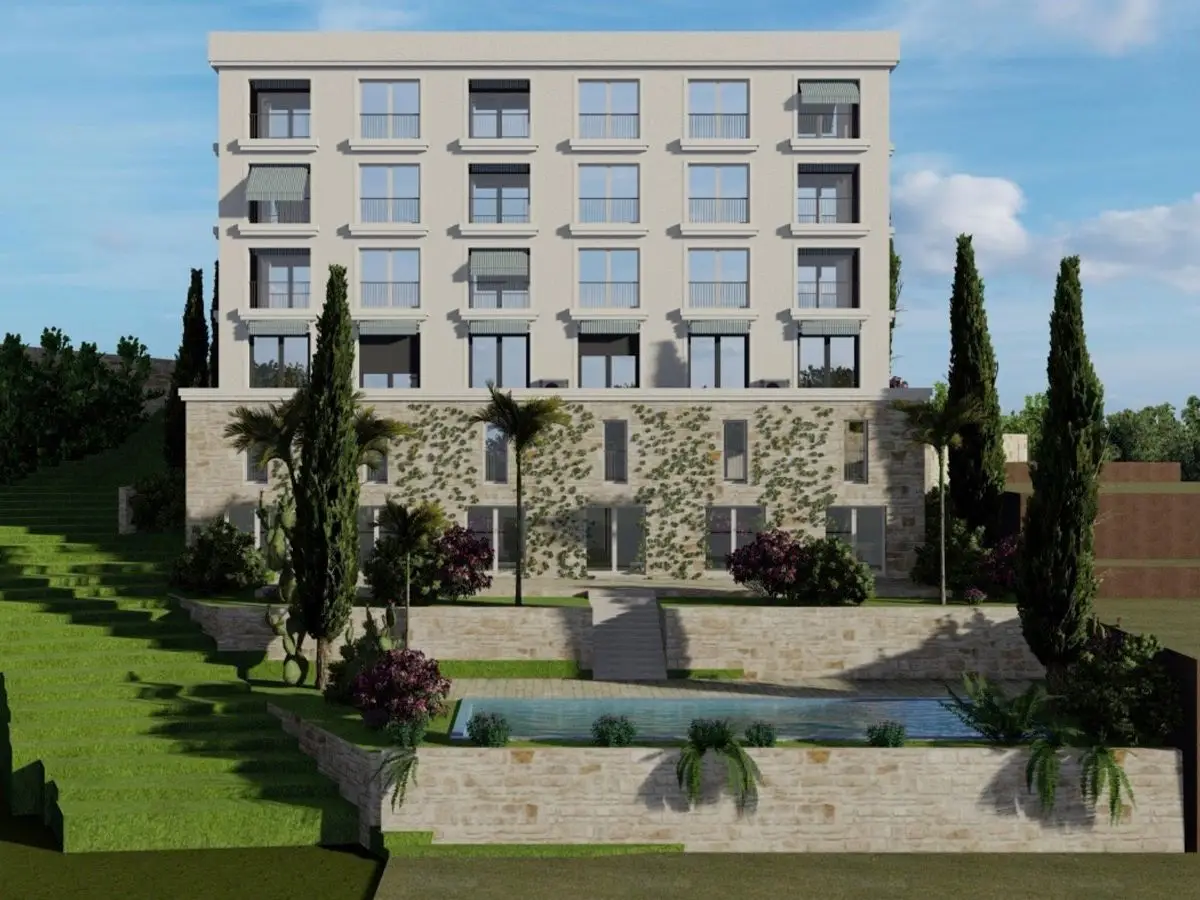 Rendering of a five-story apartment building with landscaped terrace and pool