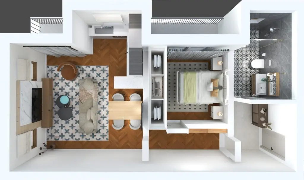 Top-down apartment floor plan with living room, bedroom, bathroom, and kitchen area