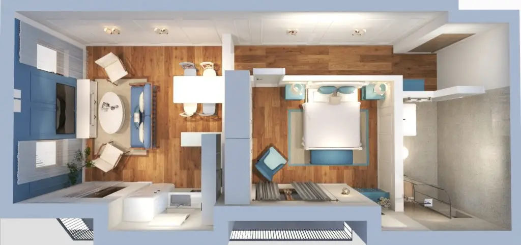 Top-down floor plan of a one-bedroom apartment