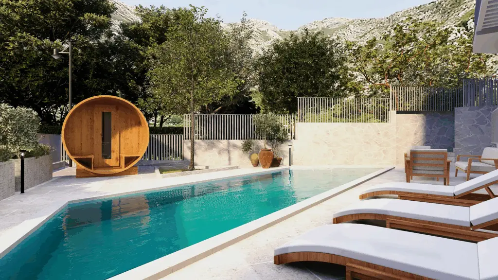 Outdoor pool with round wooden sauna and lounge chairs