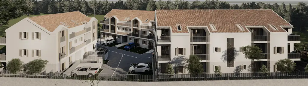Rendered apartment complex with parking lot and cars