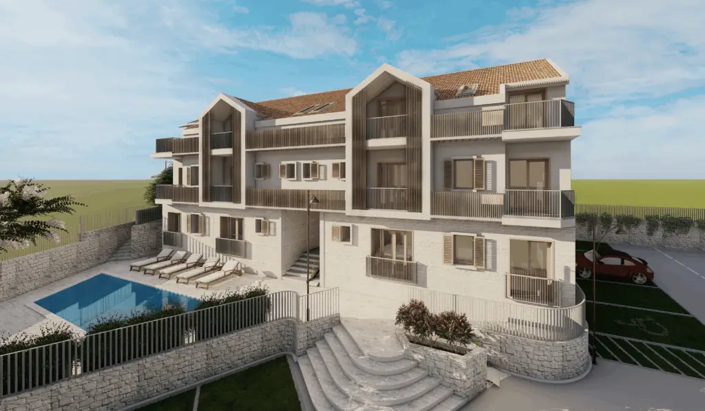 Modern apartment building with pool and parked car outdoors