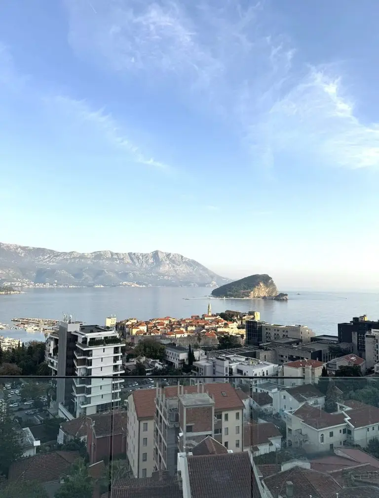 Budva coastline with Old Town, island, and mountains beyond