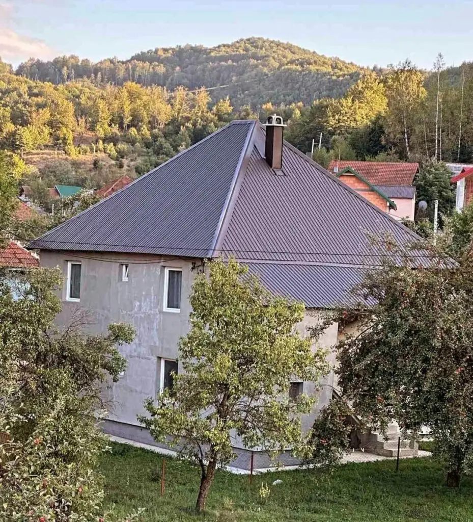 Gray-roofed house with trees and mountains behind