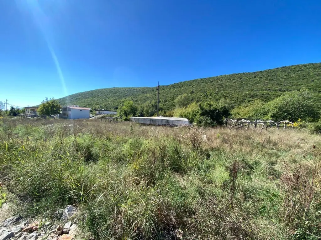 Grassy vacant lot with houses and green hillside under blue sky
