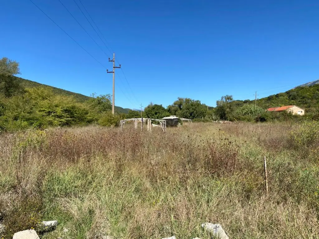 Grassy vacant field with power poles and a small house