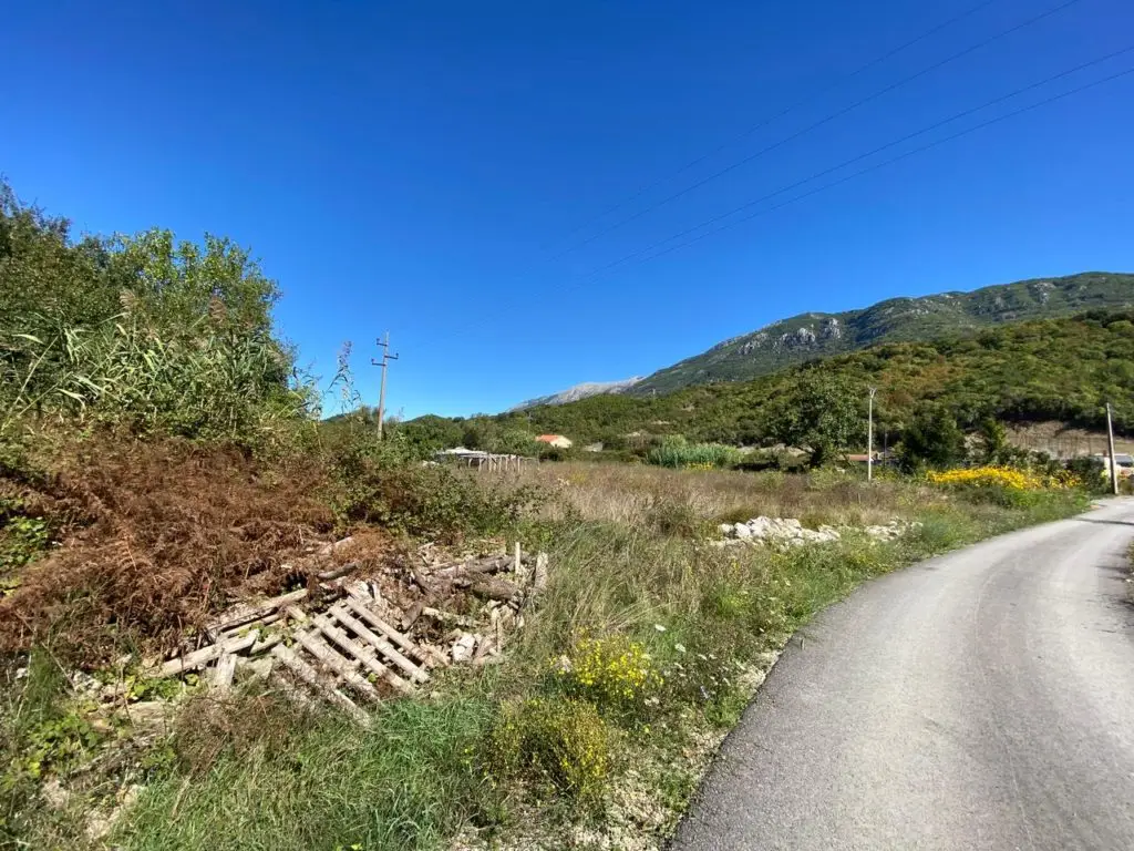 Rural roadside plot with mountains and blue sky