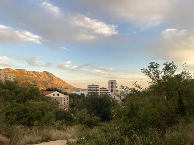Sunlit mountain, coastal buildings, and sea beyond trees