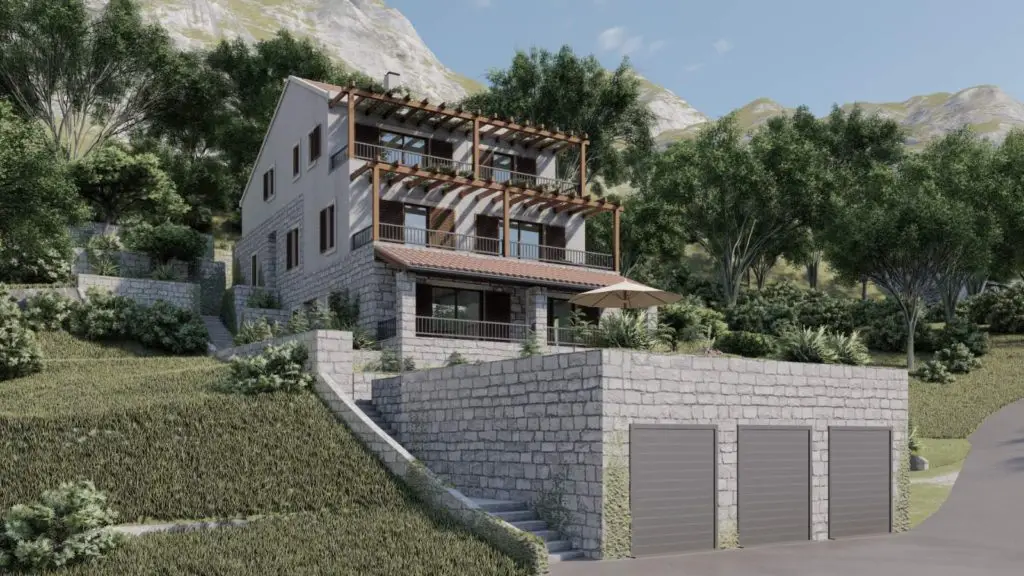 Rendered hillside house with stone wall and three garage doors