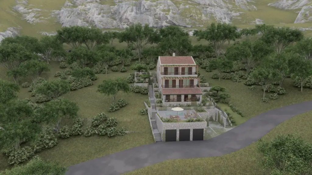 Rendered hillside house with terrace, pool, and road