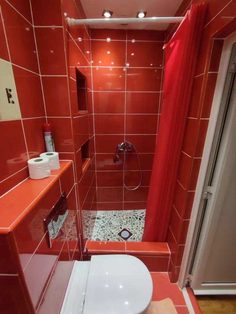 Small red-tiled bathroom with shower and toilet